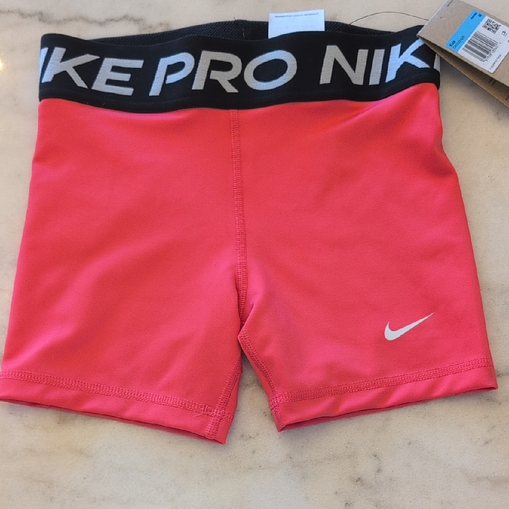 Girls Youth Nike Pro Coral Pink Shorts with Black Waistband